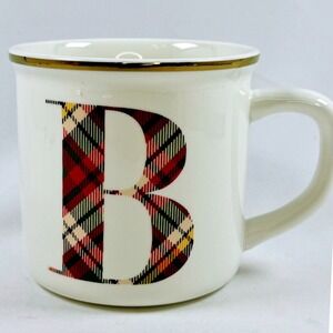 Pottery Barn Initial B Plaid Tartan Ceramic Mug Gold Rim Ralph Lauren Aesthetic